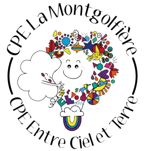 Colorful circular logo with puzzle pieces and shapes forming a smiling face, surrounded by the text 'CPE La Montgolfière' and 'CPE Entre Ciel et Terre'.