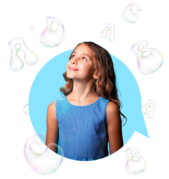 Girl looking up with a blue speech bubble background.